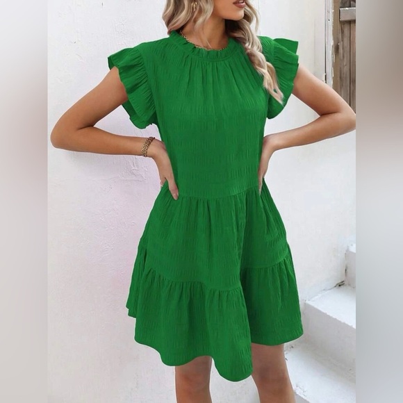 Women’s Green Tie Back Ruffle Trim Smock Green Dress - Picture 5 of 6